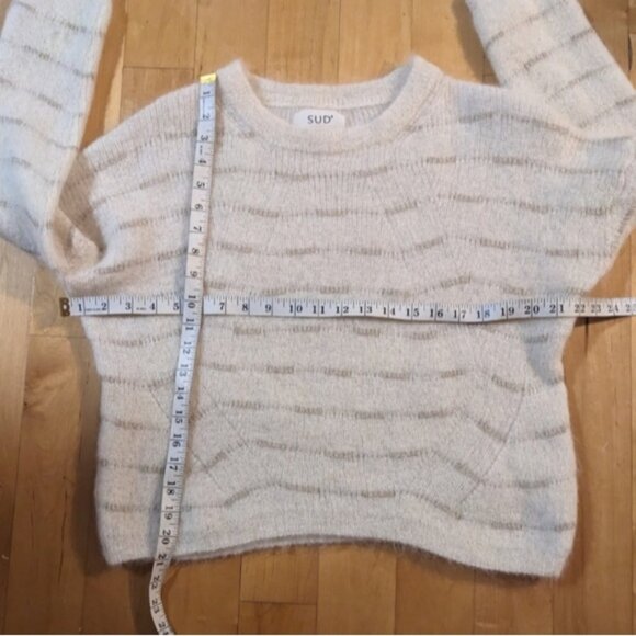 SUD EXPRESS round crew neck alpaca mohair cream beige tan striped sweater Large - Picture 2 of 9